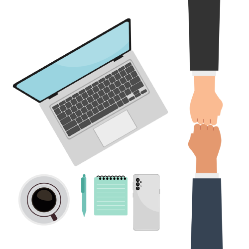 illustration of 2 people fist-bumping beside a laptop, coffee, notepad, and phone.