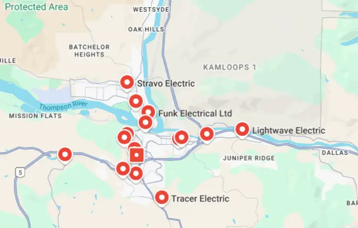 Google Map view of Kamloops with electrician businesses pinned on the map.