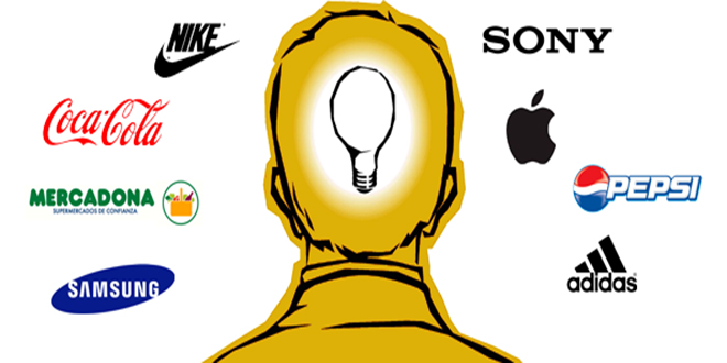 an illustration of the back of someone's head with a lightbulb inside, surrounded by major brands like Sony and Pepsi.