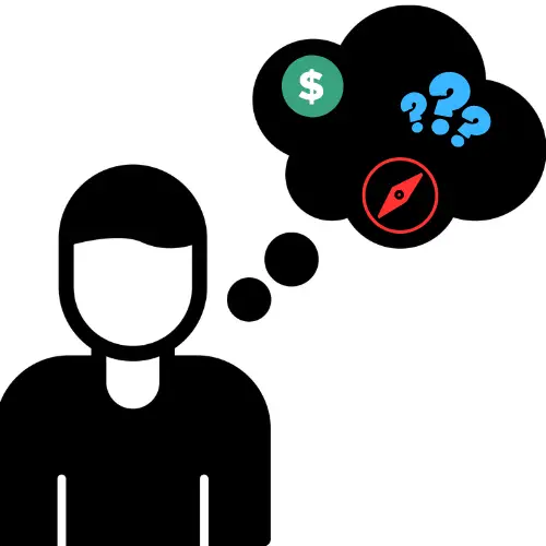 an illustration of a person with a thought bubble considering different keyword intents (transactional, informational, navigational)