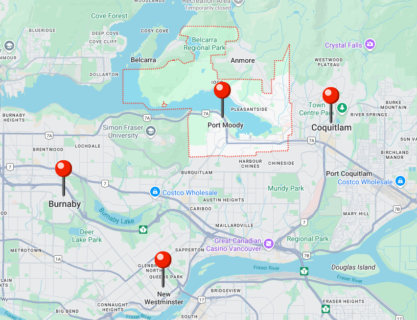 map of lower mainland BC with pins on Port Moody, Coquitlam, Burnaby, and New Westminster.