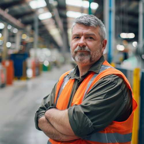 worker wearing a vest poses with crossed arms in a warehouse.