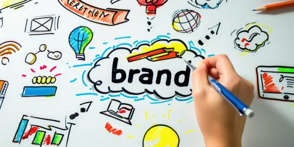 hand-drawn cluster of images and ideas with the word "brand" in the middle.